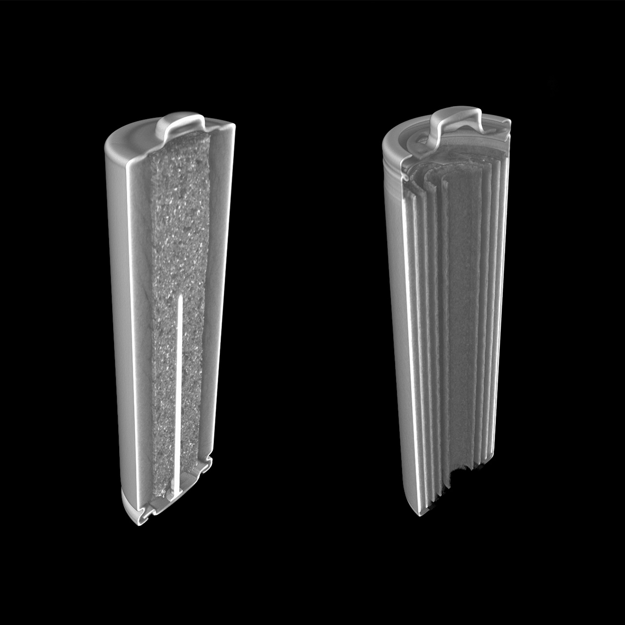 Battery (Left: Alkaline battery, Right: Lithium-ion battery) | precision CT9600 | Industrial x-ray CT Scanners (Horizontal Model) | Matsusada Precision